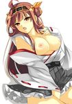  ahoge blush breasts brown_eyes brown_hair detached_sleeves fuchuu_(asd159) hairband japanese_clothes kantai_collection kongou_(kantai_collection) large_breasts long_hair looking_at_viewer masturbation nipples nontraditional_miko open_clothes open_mouth open_shirt shirt sleeves_past_wrists solo sweatdrop wide_sleeves 