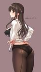  artist_name ass back-seamed_legwear black_panties bow bow_bra bra breasts brown_eyes brown_hair derauea dress_shirt from_behind hair_bow idolmaster idolmaster_cinderella_girls large_breasts lingerie long_hair looking_at_viewer looking_back no_pants one_side_up open_clothes open_mouth open_shirt panties panties_under_pantyhose pantyhose pantyhose_pull seamed_legwear see-through shimamura_uzuki shirt signature simple_background smile solo underwear white_shirt 