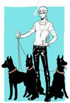  casual chain cigarette collar doberman dog fate/hollow_ataraxia fate/stay_night fate_(series) jewelry lancer leash leather leather_pants male_focus mayuki_(ubiquitous) necklace pants smoking solo 