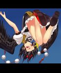  bai_banca black_hair blouse camera camera_flash flying grin hat leaf_print letterboxed looking_at_viewer neck_ribbon pom_pom_(clothes) puffy_sleeves red_eyes revision ribbon shameimaru_aya shoes short_hair skirt sky smile solo tokin_hat touhou upside-down wings 