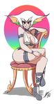  1girl anklet armlet bigdead93 bracelet breasts chair choker cleavage evil_grin evil_smile eyebrows female grin halter_top halterneck high_heels highres jewelry kill_la_kill kiryuuin_ragyou large_breasts legs_crossed lipstick looking_at_viewer makeup milf rainbow_hair red_eyes short_hair sideboob signature sitting smile solo thick_eyebrows thigh_strap white_hair 