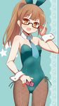  9law :d animal_ears bare_shoulders black-framed_eyewear blue_background brown_eyes brown_hair bunny_ears bunnysuit fishnet_pantyhose fishnets glasses long_hair looking_at_viewer minami_mirei necktie open_mouth pantyhose ponytail pretty_(series) pripara smile solo star wrist_cuffs 