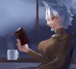  1girl alternate_costume animal_ear_fluff animal_ears bangs book breasts brown_sweater chair cloud commentary_request contemporary cup eyebrows_visible_through_hair hair_between_eyes holding holding_book indoors inubashiri_momiji kasuka_(kusuki) large_breasts long_legs mug night night_sky no_hat no_headwear red_eyes short_hair silver_hair sitting sky solo steam sweater touhou upper_body wolf_ears 