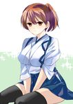  breasts brown_eyes brown_hair fuchuu_(asd159) japanese_clothes kaga_(kantai_collection) kantai_collection large_breasts looking_at_viewer no_armor side_ponytail sitting solo thighhighs v_arms 