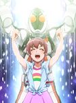  1girl aino_megumi armor armpit_peek arms_up clenched_hands closed_eyes crossover happinesscharge_precure! helmet kamen_rider kamen_rider_fourze kamen_rider_fourze_(series) pose precure raised_fists shouting smile tj-type1 