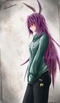  animal_ears bunny_ears casual cellphone cellphone_strap contemporary denim english hands_in_pockets jeans kanchigai long_hair pants phone profile purple_hair red_eyes reisen_udongein_inaba solo sweater touhou very_long_hair 