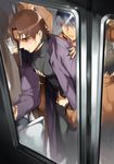  bad_id bad_pixiv_id blush brown_hair cellphone chikan cross cross_necklace fate/stay_night fate_(series) ground_vehicle jewelry kotomine_kirei male_focus molestation multiple_boys necklace phone smartphone ssam_(samel10) train yaoi 
