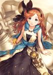  bangle black_dress blue_eyes blush bracelet cape collarbone dress granblue_fantasy graphos hair_ribbon jewelry kurage_(kurakurapix) long_hair orange_hair ribbon sara_(granblue_fantasy) sitting smile wavy_hair 