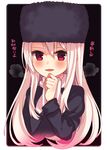  black_hat blonde_hair fate/stay_night fate/unlimited_blade_works fate_(series) fur_hat hat highres illyasviel_von_einzbern long_hair long_sleeves moe_on_drop red_eyes scarf solo translation_request white_scarf 