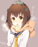  bangs breath brown_eyes brown_hair brown_scarf harusawa headgear kantai_collection long_sleeves neckerchief open_mouth scarf short_hair simple_background solo translated twitter_username uniform upper_body yellow_neckwear yukikaze_(kantai_collection) 
