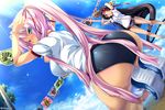  :d arms_behind_head ass bare_legs black_hair blue_eyes blue_sky blush breasts buruma cloud contemporary day dutch_angle flag flags_of_all_nations from_behind gym_uniform hair_ribbon headband highres hikage_eiji huge_ass kneeling koihime_musou large_breasts lens_flare long_hair looking_back multiple_girls nape official_art open_mouth outdoors pink_hair ponytail red_ribbon ribbon shiny shiny_clothes shoes short_sleeves shuutai sky smile socks sonken sports_festival standing string_of_flags sunlight thighs very_long_hair watermark white_legwear 