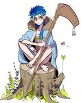  barefoot blue_hair cape cu_chulainn_(fate/grand_order) fate/stay_night fate_(series) lancer long_hair male_focus mayuki_(ubiquitous) ponytail solo staff tree_stump younger 