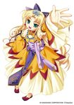  absurdres arm_up armpits blonde_hair crown detached_sleeves dress enjutsu full_body green_eyes highres huge_filesize koihime_musou long_hair official_art outstretched_hand ribbon saeki_hokuto smile solo transparent_background very_long_hair 