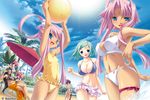  absurdres aqua_hair ball beach beachball bikini blue_eyes blush bracelet breasts casual_one-piece_swimsuit chair cleavage closed_eyes cloud covered_nipples daikyou day fang flat_chest fundoshi glasses green_hair highres hikage_eiji huge_filesize japanese_clothes jewelry kannei koihime_musou large_breasts lens_flare light_rays long_hair looking_at_viewer lounge_chair multiple_girls navel official_art one-piece_swimsuit one_eye_closed open_mouth outdoors palm_tree purple_hair rikuson sarashi sarong shiny shiny_skin short_hair shoukyou shuuyu skindentation sky smile sonken sonshoukou sun sunbeam sunlight swimsuit tree twintails umbrella 