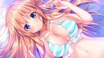  1girl bare_shoulders bed bikini blue_eyes blush breasts cleavage collarbone female game_cg highres kino_(kino_konomi) kino_konomi konomi_(kino_konomi) large_breasts long_hair looking_at_viewer lying navel orange_hair shinonome_setsuna shirogane_x_spirits solo striped_bikini swimsuit 