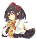  2015 bird_wings black_hair black_wings blush dated eyebrows eyebrows_visible_through_hair flower hat iroyopon leaf_print looking_at_viewer necktie pointy_ears pom_pom_(clothes) puffy_sleeves red_eyes scarf shameimaru_aya shirt short_hair short_sleeves signature simple_background smile solo string tokin_hat touhou upper_body white_background wings 