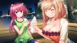  bench blonde_hair blue_eyes blush breasts cleavage eyes_closed food game_cg happy highres ice_cream kino_(kino_konomi) kino_konomi konomi_(kino_konomi) kuka_hinata large_breasts legs long_hair looking_at_viewer multiple_girls nijioka_riri pink_hair shirogane_x_spirits short_hair sitting skirt smile thighs 