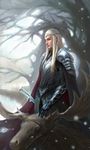  animal armor blue_eyes breastplate cape circlet elf gauntlets highres light lips long_hair male_focus moose pauldrons pointy_ears profile solo sword the_hobbit thranduil tree upper_body weapon white_hair yu_xinhe 