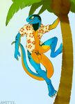  2015 amit blue_skin claws climbing clothing coconut gecko green_eyes hawaiian_shirt humanoid_penis lizard male palm_tree penis plain_background reptile scalie smile spots teeth tree two_tone_skin 