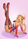  alanscampos anthro blonde_hair bow breasts clothing corset feline female gloves hair legwear lion looking_at_viewer mammal one_eye_closed pinup pose scar side_boob smile solo stockings wink 