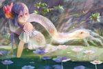  all_fours bare_shoulders blurry dress fantasy flower hair_flower hair_ornament highres hogecomhoge light light_particles light_rays long_hair looking_back looking_up original partially_submerged pink_eyes purple_hair snake solo water white_dress 