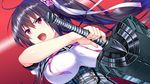  1girl breasts female game_cg highres kamura_masaki kino_(kino_konomi) kino_konomi konomi_(kino_konomi) large_breasts long_hair looking_away open_mouth ponytail purple_hair serious shirogane_x_spirits simple_background solo sword weapon 