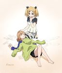  2girls barefoot blonde_hair brown_hair candy dated feet food gradient gradient_background hair_ornament hair_ribbon hairclip hand_on_another's_head highres hood hooded_jacket jacket lap_pillow lollipop miyamori_aoi mole mole_under_eye multiple_girls os_(pixiv2025251) ribbon shirobako short_hair short_twintails shorts signature skirt sleeping sleeping_on_person striped striped_legwear thighhighs toes twintails yano_erika 