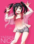  black_hair character_name long_hair love_live! love_live!_school_idol_project navel nico_nico_nii red_eyes salgu see-through short_shorts shorts smile solo twintails yazawa_nico 