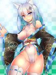  animal_ears blue_eyes borrowed_character breasts collar covered_navel covered_nipples hair_ornament hairclip japanese_clothes kageshio_(276006) kimono large_breasts long_hair looking_at_viewer original pussy silver_hair simple_background smile solo thighhighs transparent 