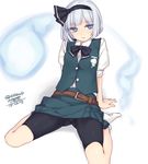  arm_support ass_visible_through_thighs belt bike_shorts black_hairband blue_eyes breasts dated hair_ribbon hairband konpaku_youmu konpaku_youmu_(ghost) on_floor ribbon rokuwata_tomoe short_hair shorts silver_hair simple_background sitting small_breasts socks solo touhou wariza white_background 