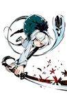  dress green_dress hair_ribbon katana konpaku_youmu konpaku_youmu_(ghost) long_sleeves red_eyes ribbon seeker shirt silver_hair skull slashing solo sword touhou weapon 