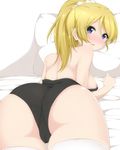  ass ayase_eli blonde_hair blue_eyes blush breasts cameltoe chimunge highres large_breasts leotard leotard_pull long_hair looking_at_viewer looking_back love_live! love_live!_school_idol_project lying nipples on_stomach open_mouth pillow ponytail scrunchie solo thighhighs white_legwear white_scrunchie 