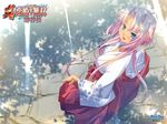  blue_eyes from_above from_behind hakama highres hikage_eiji japanese_clothes koihime_musou long_hair looking_back looking_up miko pink_hair red_hakama smile solo sonken 