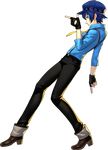  1girl blue_hair dancing fingerless_gloves gloves hat necktie official_art persona persona_4 persona_4:_dancing_all_night pointing pose shirogane_naoto short_hair solo suspenders tie very_short_hair 