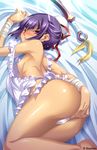  apron ass bed blush bun_cover cameltoe dark_skin flat_chest hair_bun highres hikage_eiji kannei koihime_musou long_hair looking_back lying naked_apron nipples panties purple_eyes purple_hair solo sword thong underwear weapon 