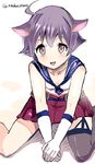  ahoge animal_ears bare_shoulders cat_ears cis_(carcharias) kantai_collection kemonomimi_mode looking_at_viewer open_mouth purple_eyes purple_hair sakawa_(kantai_collection) sitting skirt smile solo wariza 