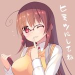  ahoge arima_senne blush breasts brown_hair glasses kashiwamochi_yomogi large_breasts long_hair looking_at_viewer lowres one_eye_closed original red_eyes simple_background sketch smile solo translated upper_body 