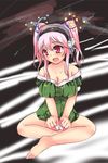  alternate_hairstyle bad_id bad_pixiv_id bare_shoulders barefoot blush bow breasts cleavage food_print hair_bow headphones indian_style large_breasts long_hair nitroplus open_mouth pink_eyes pink_hair shappo_(dodosyappo) sitting solo super_sonico twintails watermelon_print 
