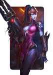  1girl blue_skin breasts female large_breasts lips looking_at_viewer overwatch ponytail purple_lips solo very_long_hair wide_hips widowmaker widowmaker_(overwatch) yellow_eyes 