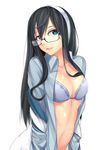  aqua_eyes black_hair blue_bra bonkiru bra breasts collarbone collared_shirt glasses hairband kantai_collection light_smile lips long_hair long_sleeves looking_at_viewer medium_breasts ooyodo_(kantai_collection) open_clothes open_shirt semi-rimless_eyewear shirt simple_background solo under-rim_eyewear underwear upper_body white_background 