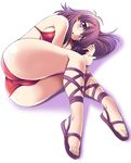  ass athena_(series) bikini feet long_hair lying on_side open_mouth princess_athena purple_eyes purple_hair red_bikini sandals snk solo swimsuit toes tonpuu trefoil 