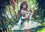  absurdres aqua_eyes aqua_hair bangs blurry bokeh bouquet branch bug butterfly crying depth_of_field dress dutch_angle flower hair_between_eyes hatsune_miku head_wreath highres holding insect jewelry jungle lily_(flower) lily_pad long_hair looking_at_viewer nature necklace open_mouth outdoors parted_bangs partially_submerged pendant pine_(yellowpine112) pink_flower pink_rose plant pond puffy_short_sleeves puffy_sleeves ripples rose sad see-through short_sleeves solo swamp tears tree twintails very_long_hair vocaloid wading water wedding_dress wet wet_clothes wet_hair white_dress white_flower white_rose wreath yellow_flower yellow_rose 