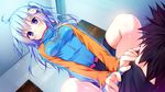  1girl blue_hair blush breasts game_cg girl_on_top highres kino_(kino_konomi) kino_konomi konomi_(kino_konomi) legs long_hair looking_down lying nakano_mei purple_eyes shirogane_x_spirits sitting sitting_on_person small_breasts thighs 