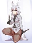  animal_ears belt black_neckwear black_panties blue_eyes fox_ears fox_tail kageshio_(276006) kunai long_hair looking_at_viewer necktie one_knee original panties pantyhose sekka_(kageshio) silver_hair simple_background solo tail underwear uniform weapon white_background 