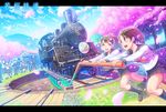  6+girls ^_^ bad_id bad_pixiv_id bird brown_eyes brown_hair cherry_blossoms closed_eyes cloud commentary_request dandelion dandelion_seed day flower formal graduation grass ground_vehicle hata_(pixiv4102938) highres letterboxed locomotive multiple_boys multiple_girls open_mouth original outdoors ponytail railway_turntable school_uniform serafuku skirt sky spring_(season) standing steam_locomotive suit train tree 