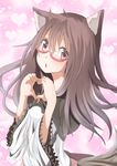  animal_ears bad_id bad_pixiv_id bespectacled blush brooch brown_hair dress frilled_sleeves frills glasses gradient gradient_background heart heart_background heart_hands imaizumi_kagerou jewelry long_hair long_sleeves looking_at_viewer open_mouth pink_background red-framed_eyewear red_eyes semi-rimless_eyewear shawl shuga_(soranote) solo tail touhou under-rim_eyewear wolf_ears wolf_tail 