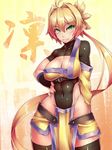  blonde_hair borrowed_character breasts cleavage covered_navel green_eyes hand_on_hip huge_breasts kageshio_(276006) looking_at_viewer original ponytail short_hair simple_background smile solo thighhighs 