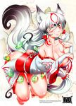  abstract_background amaterasu animal_ears anthro anthrofied bayeuxman big_breasts blush breasts butt canine clothing deity female hair japanese_clothing kimono looking_at_viewer mammal one_eye_closed red_eyes smile solo tattoo video_games white_hair wolf wolf_ears wolf_tail ōkami 