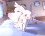  audino blush brzivy gen_5_pokemon mega_audino mega_pokemon no_humans on_bed open_mouth pink_eyes poke_ball pokemon pokemon_(creature) smile 