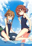  :d :o bare_legs bare_shoulders blue_sky blush brown_eyes brown_hair cloud day folded_ponytail hair_ornament hairclip highres ikazuchi_(kantai_collection) inazuma_(kantai_collection) kantai_collection kantoku_(style) kawai looking_at_viewer multiple_girls one-piece_swimsuit open_mouth school_swimsuit short_hair sky smile swimsuit wading 